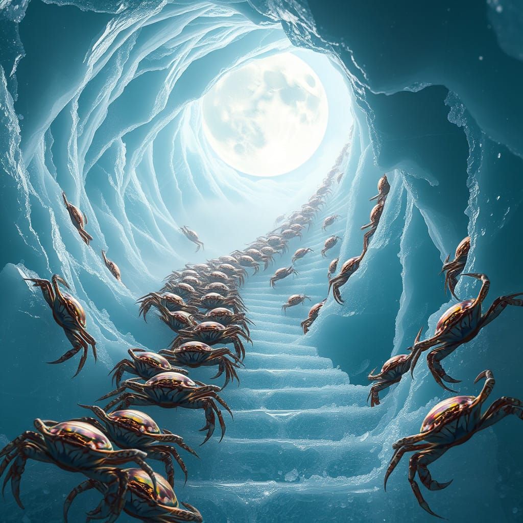 Celestial Ascent of Iridescent Crabs in Frosty, Hyper-Realis...