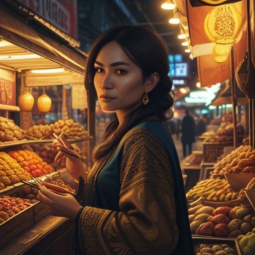 Vibrant Night Market Vendor in Hyperrealistic Concept Art