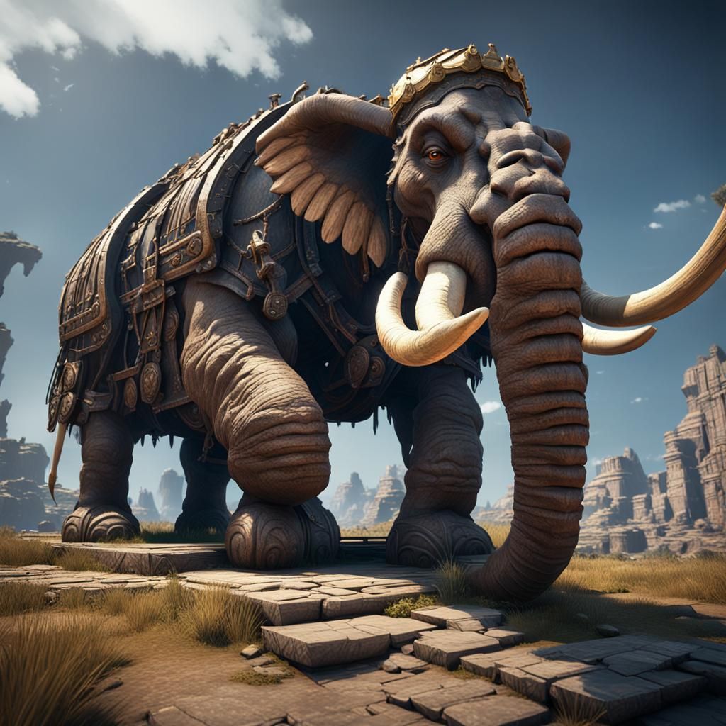 Mammoth Behemoth and Child in Ruined Landscape