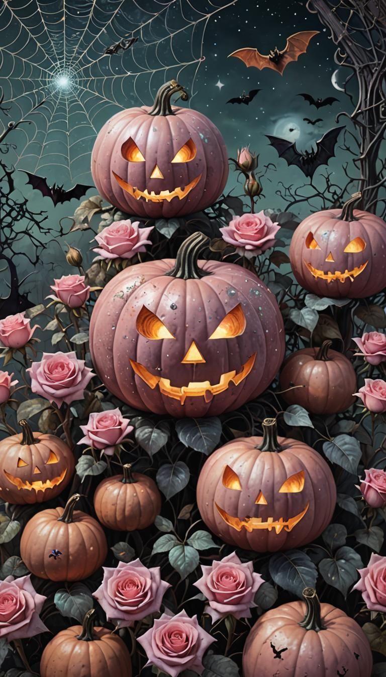 Halloween Pumpkins with Roses in Holographic Astral Illustra...
