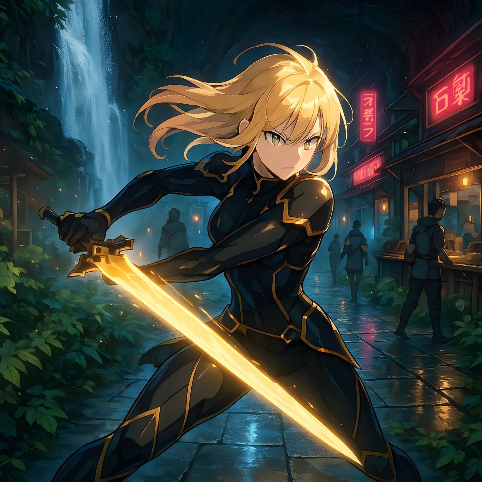 Anime Warrior with Radiant Sword Near Waterfall