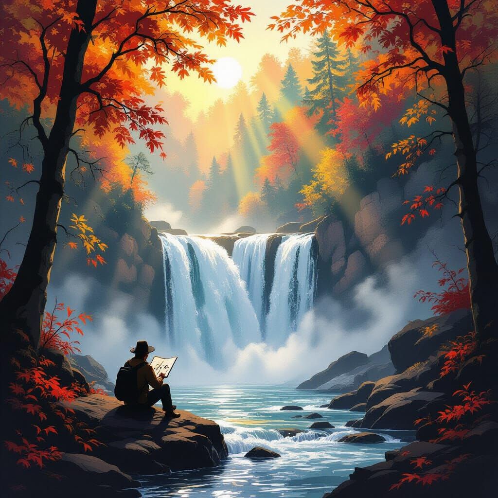 Autumn Traveler Sketches Majestic Waterfall in Romantic Styl...