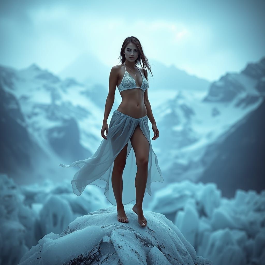 Woman in Bikini on Glacier in Dark Fantasy Style