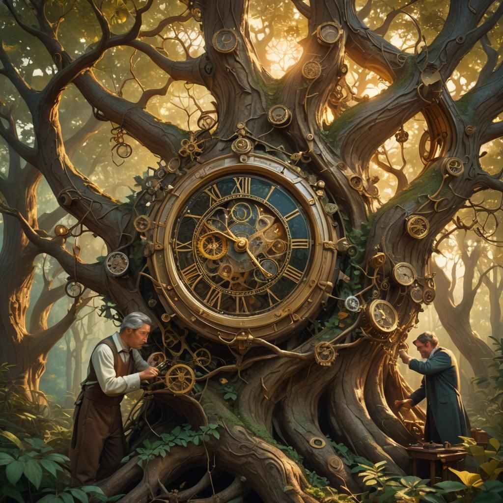 "A serene, ancient watchmaker repairs a grand clock formed f...