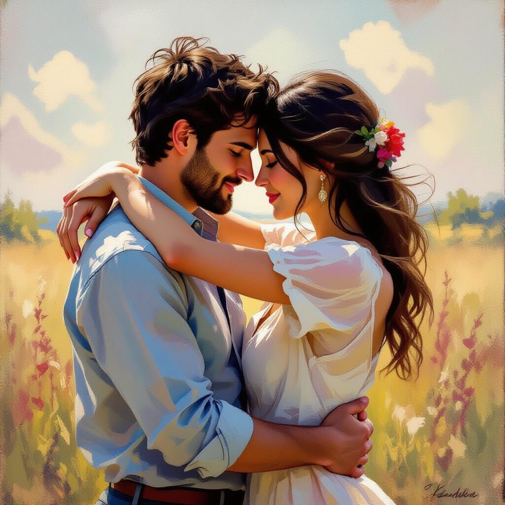 Romantic Oil Painting of Couple Embracing