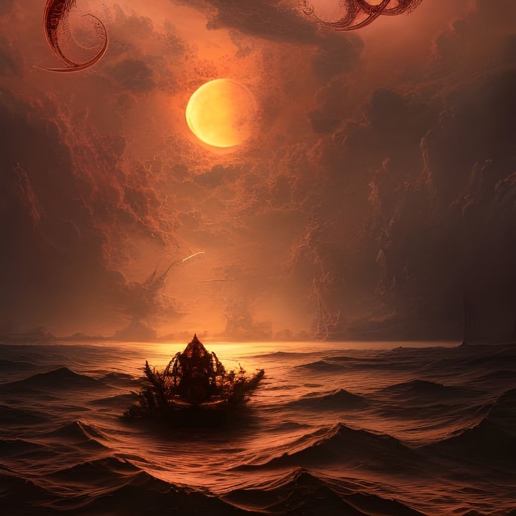 Steampunk Raft Under Blood Moon, Detailed Fantasy Art