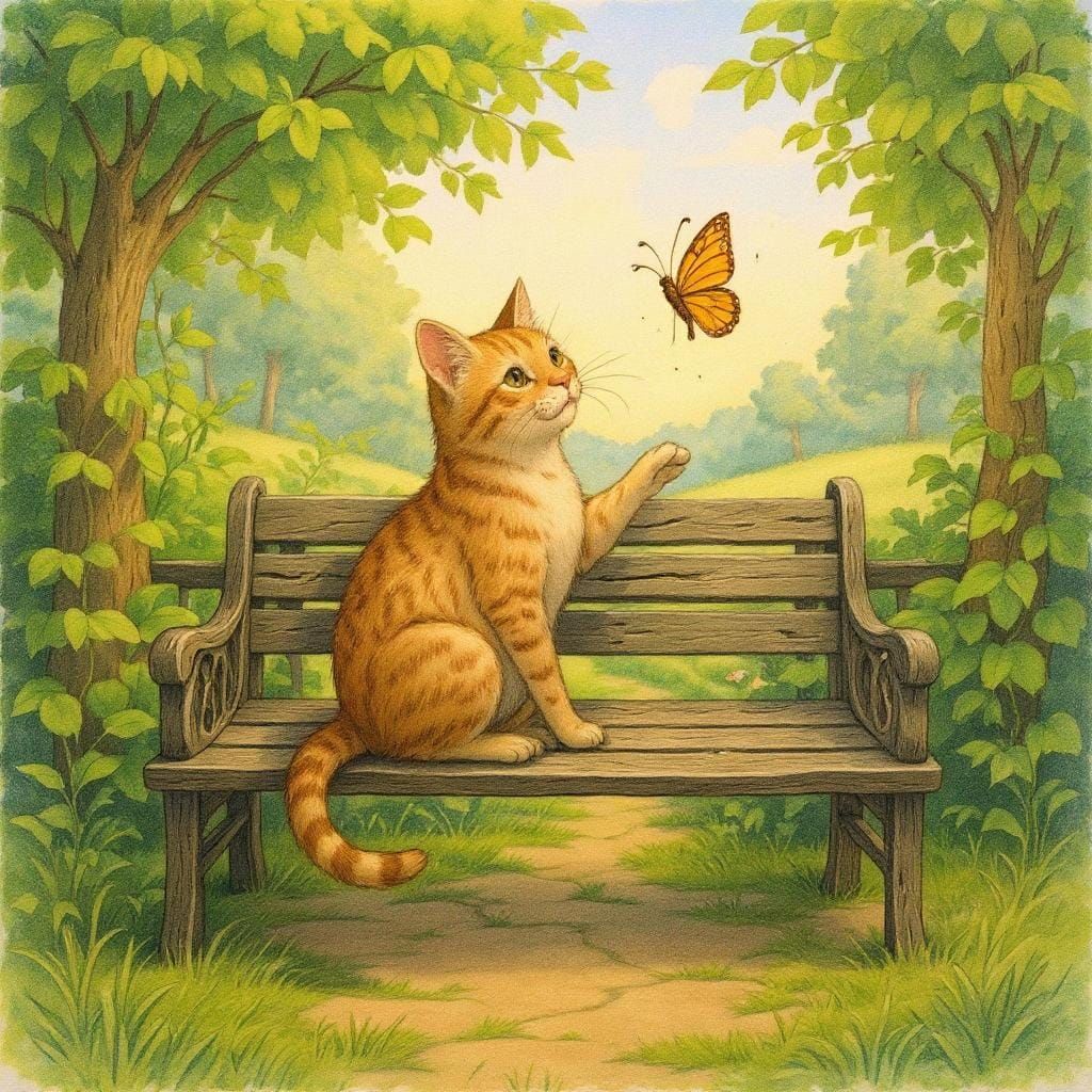 Cat Chasing Butterfly on Bench in Lush Garden