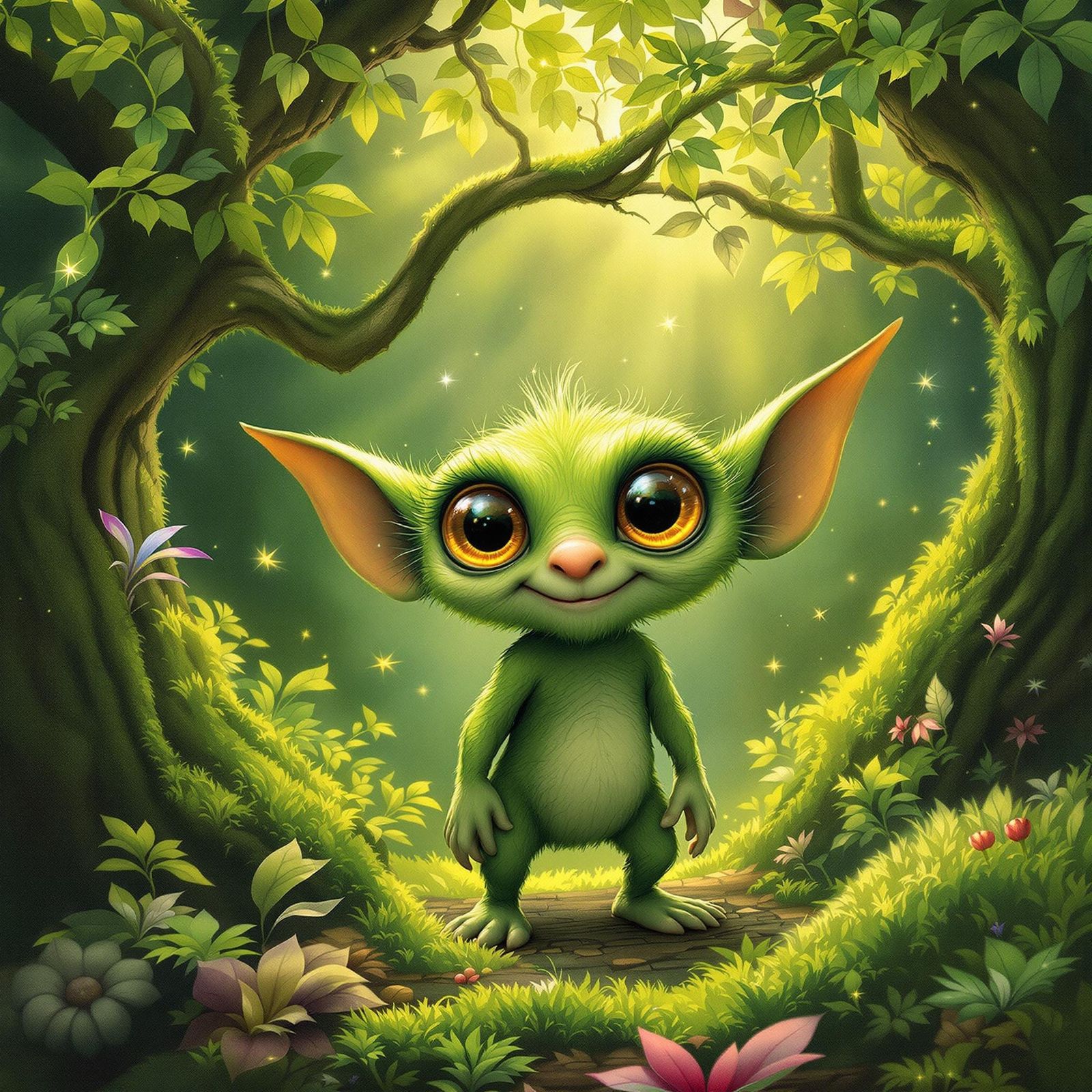 Whimsical Green Gremlin in Emerald Forest, Watercolor Style