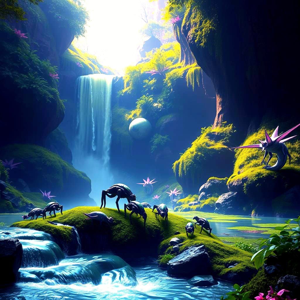 Surreal Alien Planet Landscape with Four-Legged Creatures an...