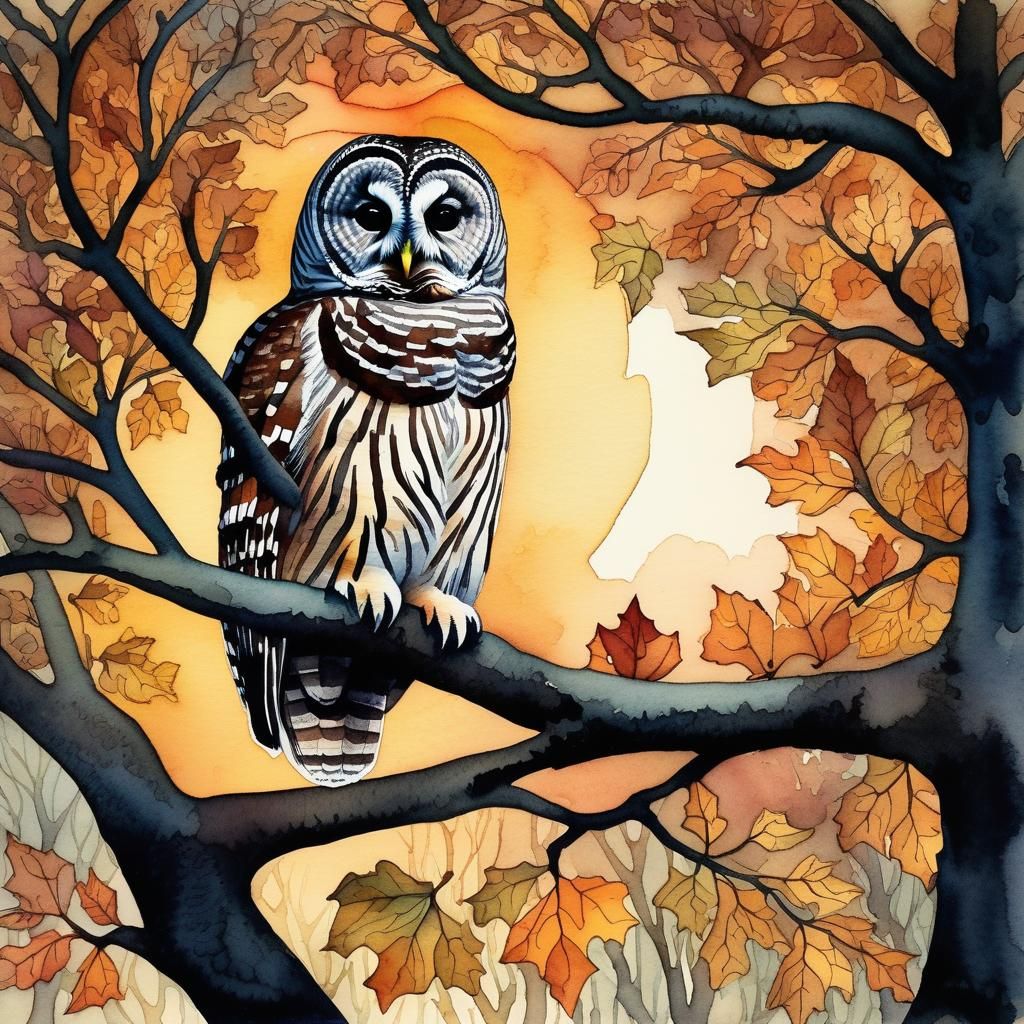 Barred Owl in Autumn Oak: Watercolor Illustration