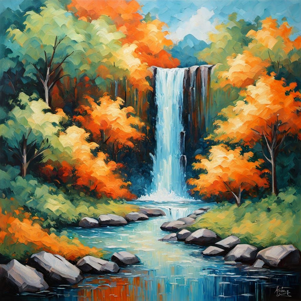 Neo-Impressionist Waterfall Painting with Textured Impasto