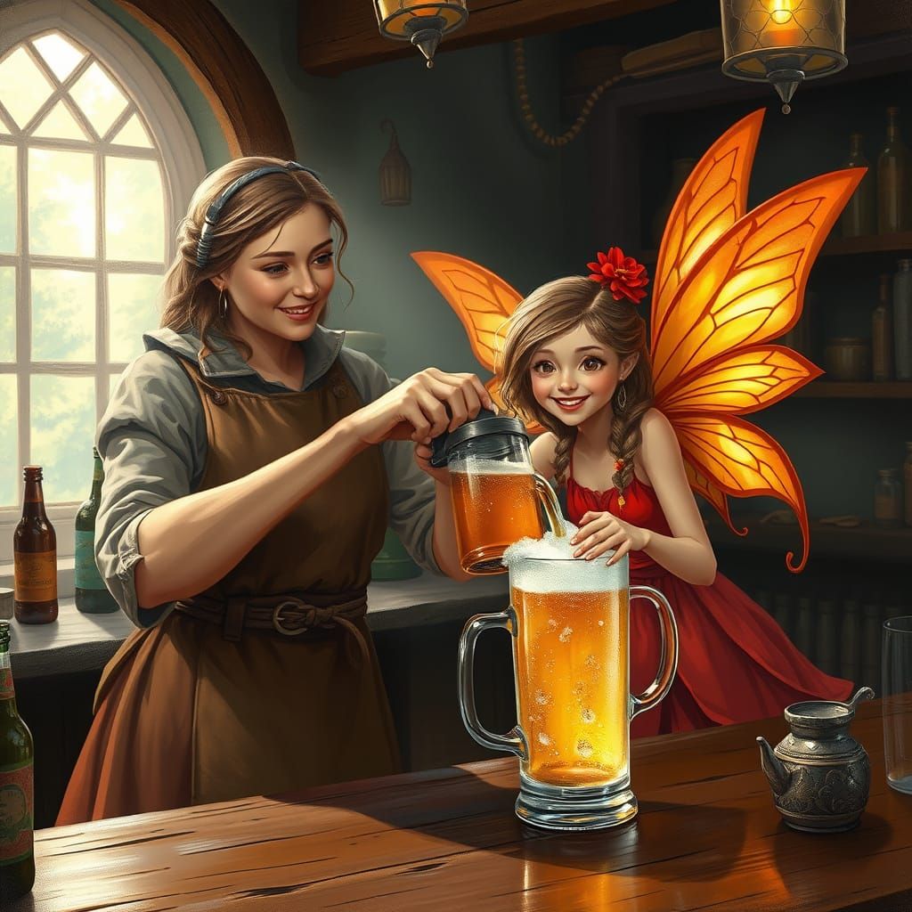 Barmaid and Fairy with Golden Ale