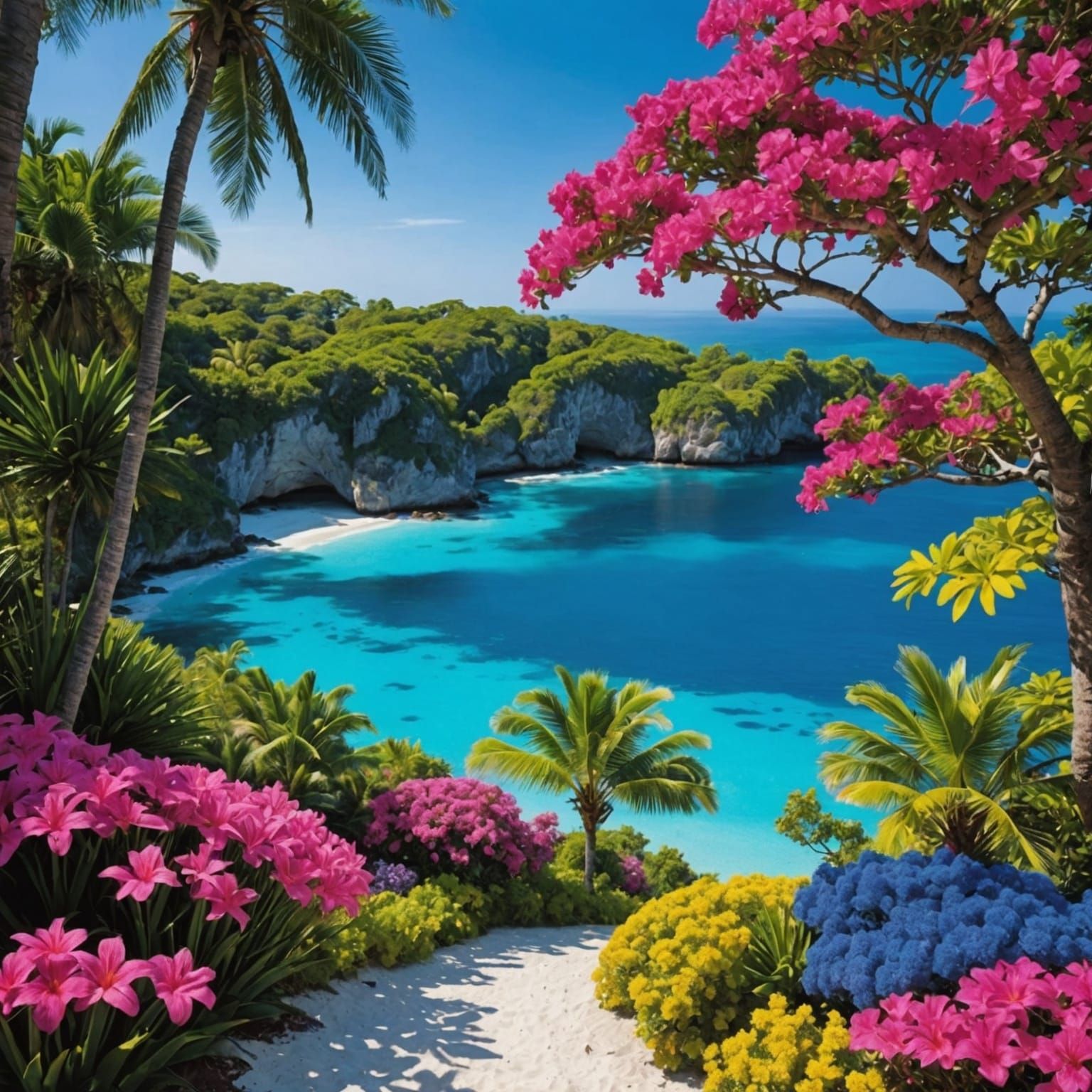 Vibrant Fantasy Island Under Radiant Sun, Detailed Matte Pai...