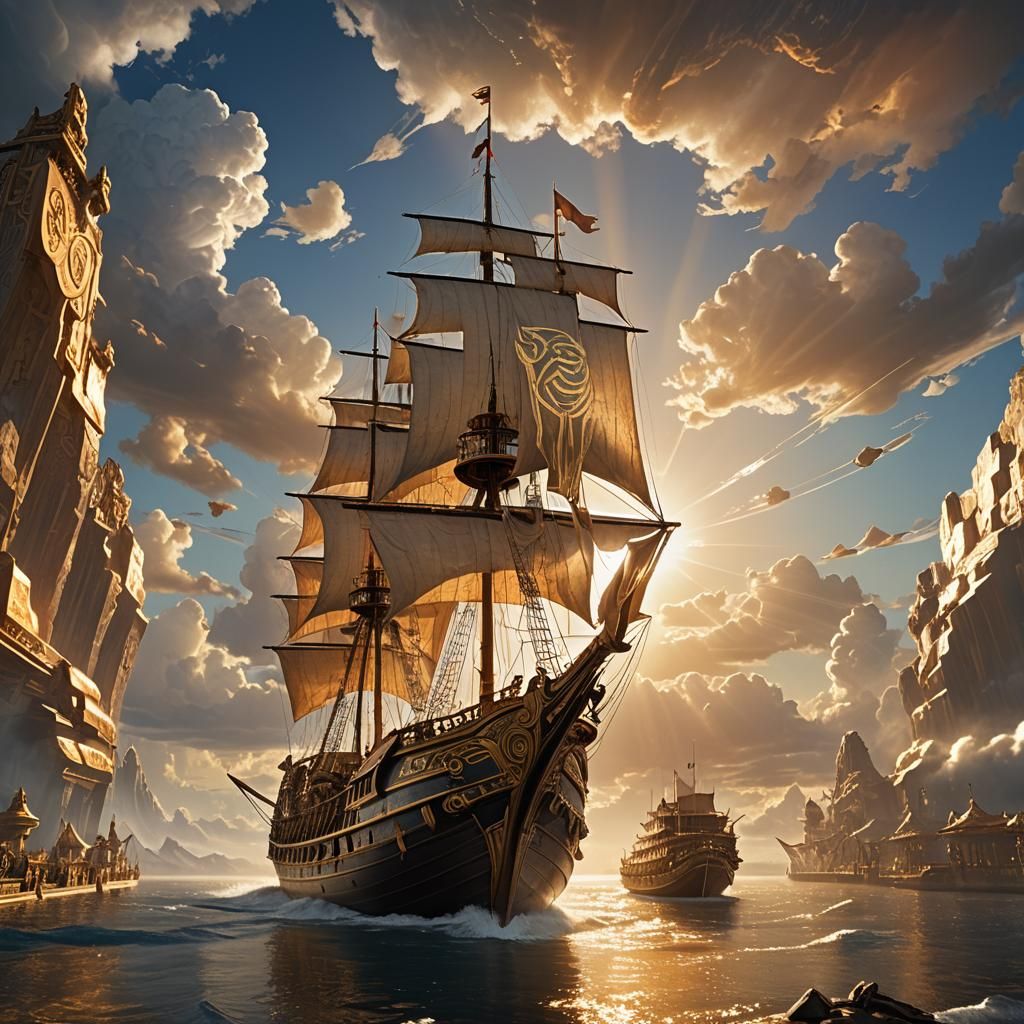 Ra on Solar Barge in Golden Light