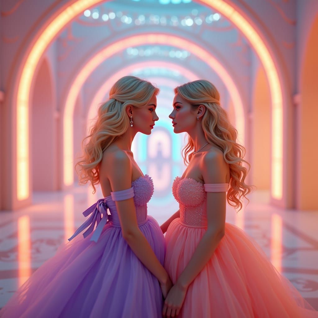 Elegant Women in a Neon Dreamscape, Digital Art