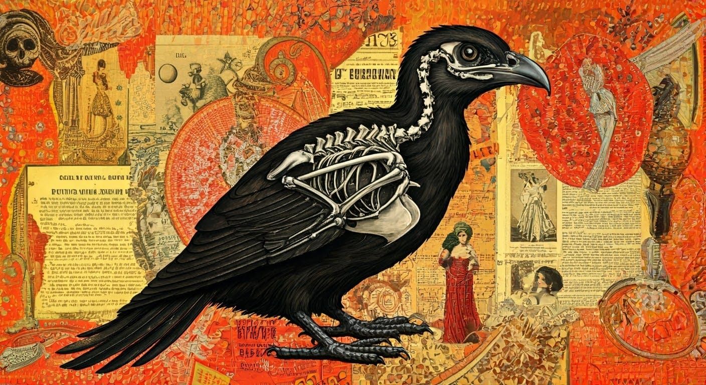 Bird in Vibrant Collage: A Symbolic Surrealist Scene