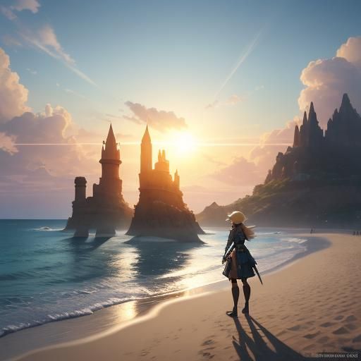 Girl Building Sandcastles: Digital Art in Anime Style