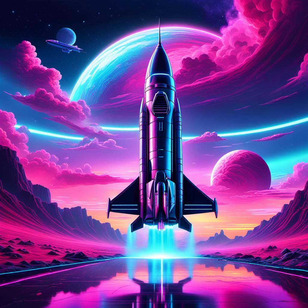 Synthwave Rocket Soars in Neon Sky