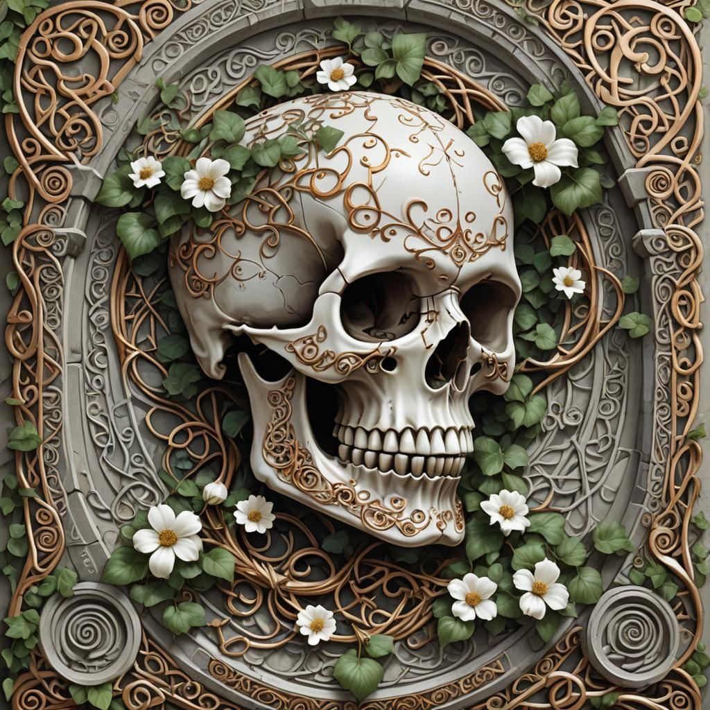 Ornate Celtic Skull Fantasy Art on Gravestone
