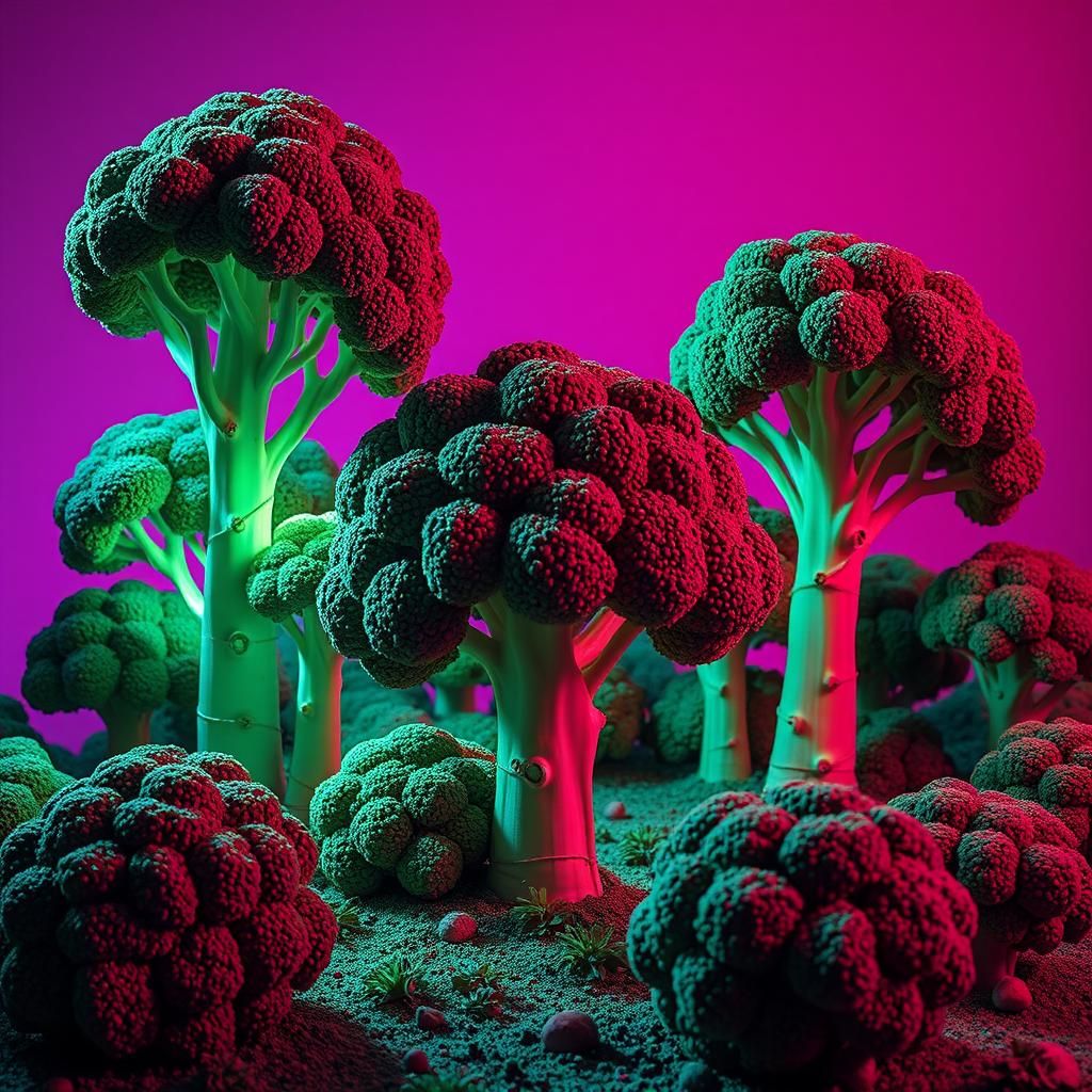 Synthwave Broccoli Forest in Neon Retro Style