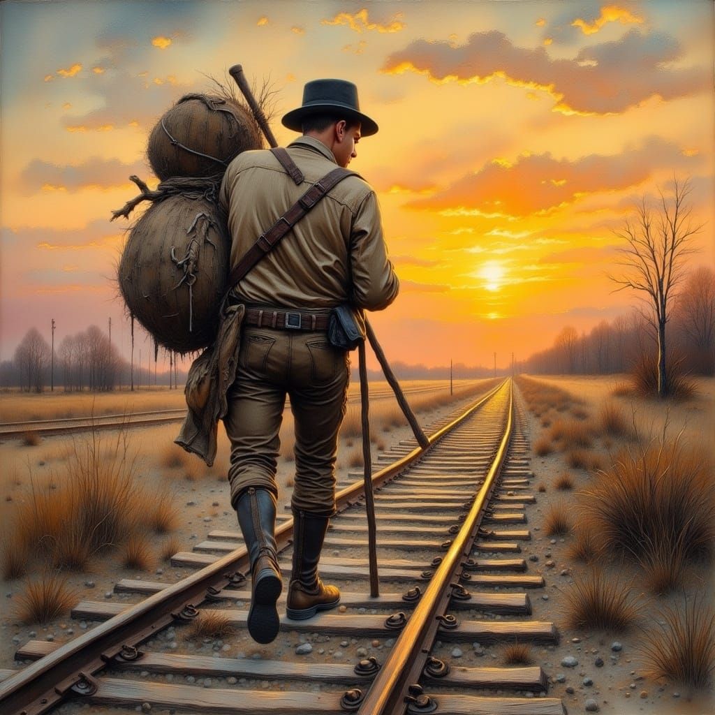 1920s Hobo Walking into Sunset as Impasto Painting