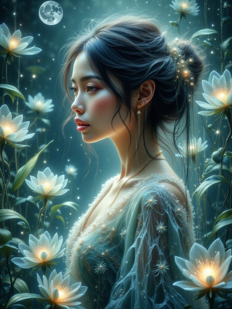 Elegant Hmong Woman in Spiderweb Attire in Enchanted Garden