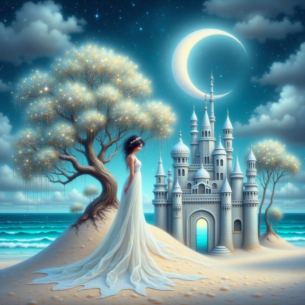Serene Maiden Beside Glowing Pearl Castle in Dreamlike Beach...