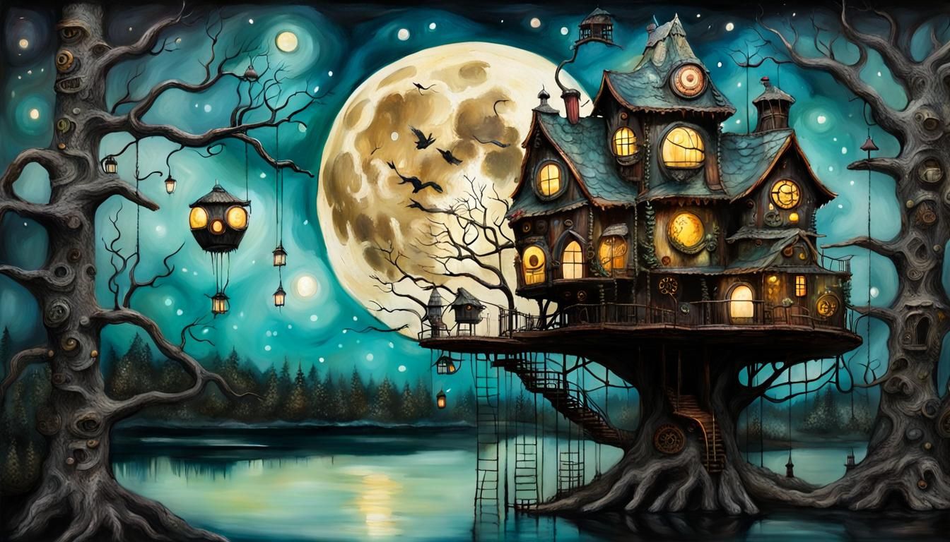 Steampunk Treehouse Under Gigantic Moon at Night