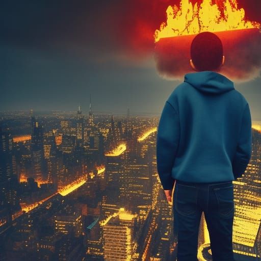 Apocalyptic Boy in Burning Cityscape: Cinematic 3D