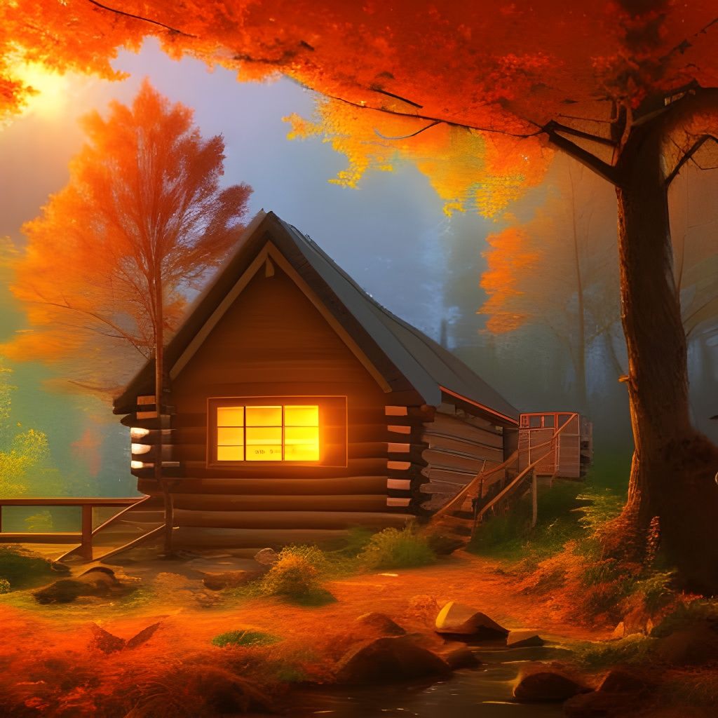 Autumn Log Cabin at Sunset: Digital Illustration