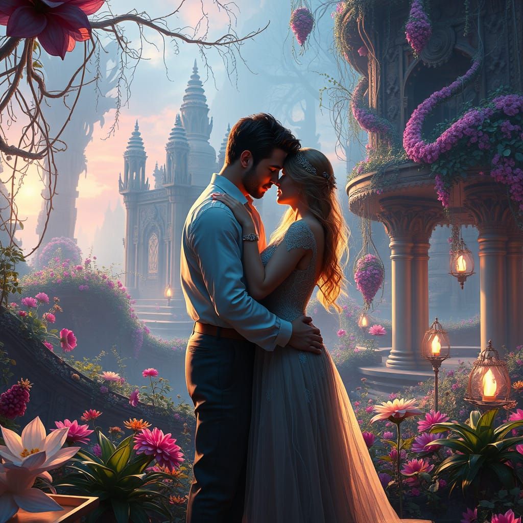 Dreamlike Couple Embracing in Vibrant, Mystical Landscape