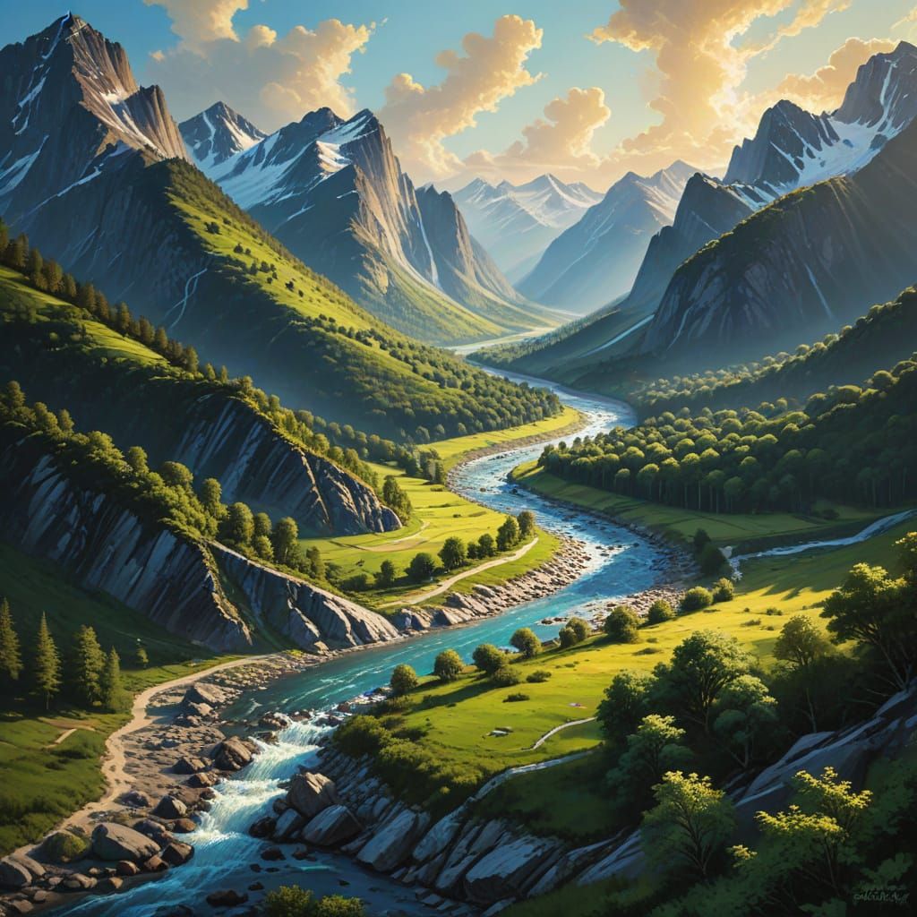 River Valley Landscape Painting in Digital Art Style