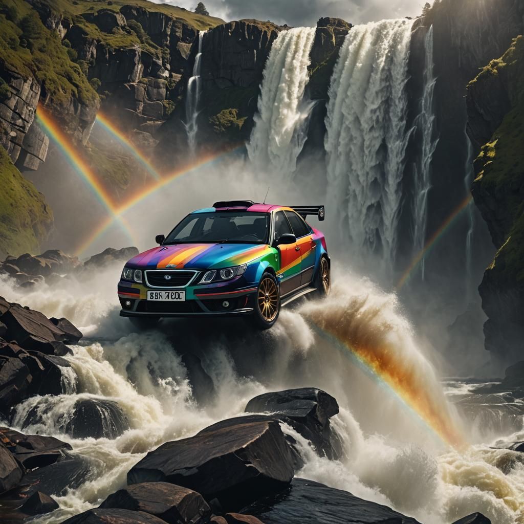 Saab 9-5 turbo racing car. Drifting in front of a waterfall,...