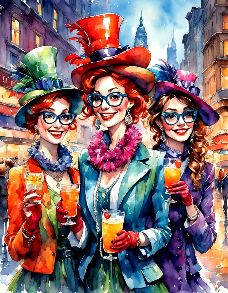 Chickens' Night Out in Vibrant Cityscape