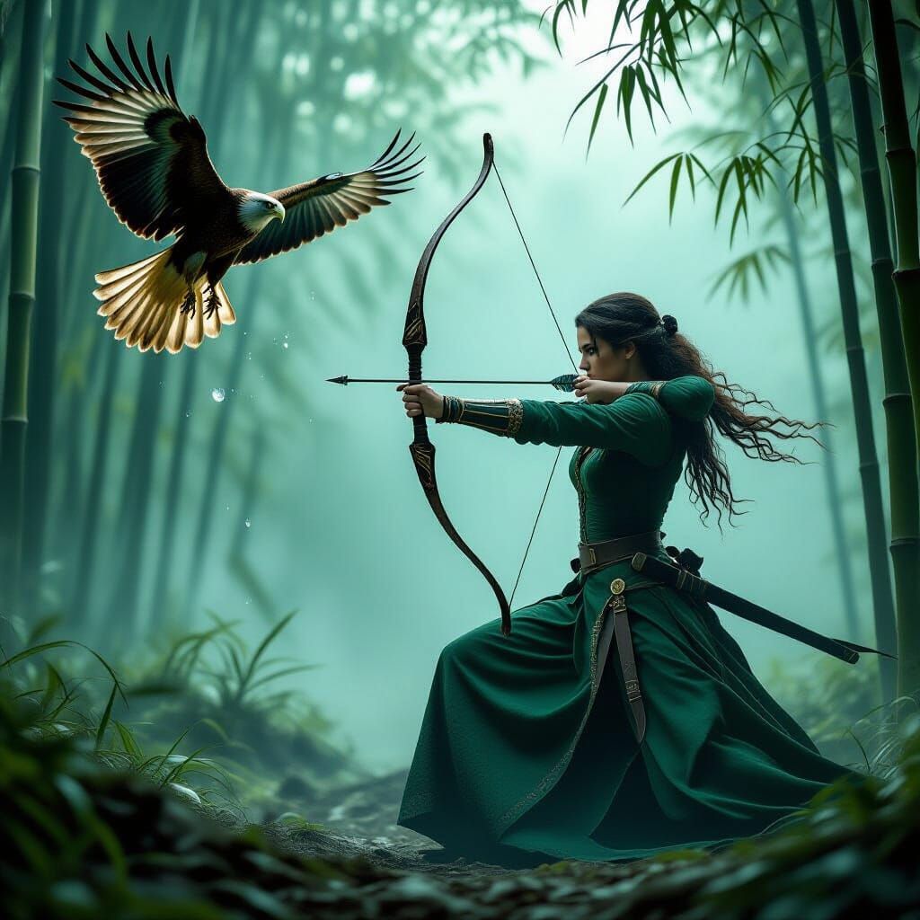 Medieval Princess Archer with Hawk in Misty Forest
