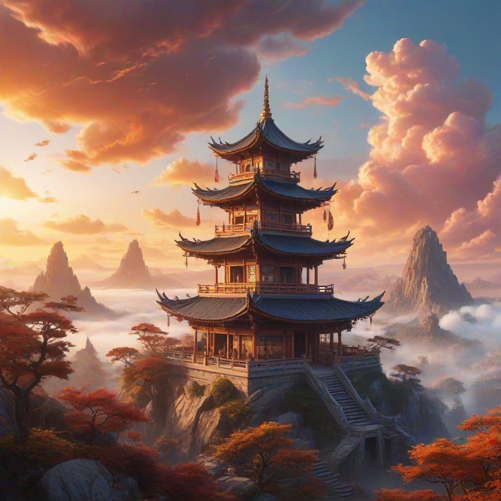 Ancient Pagoda Floating Among Clouds Guarded by Dragons