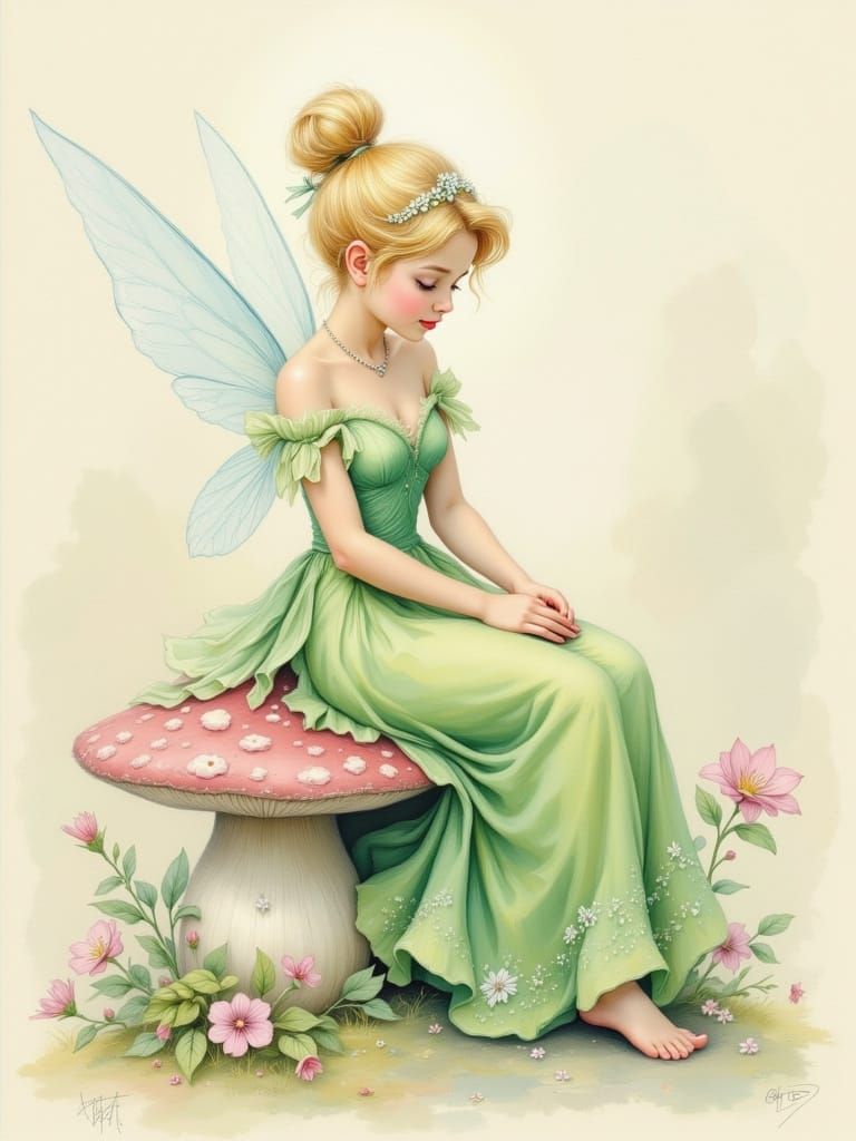 Tinkerbell on Toadstool in Pastel Style