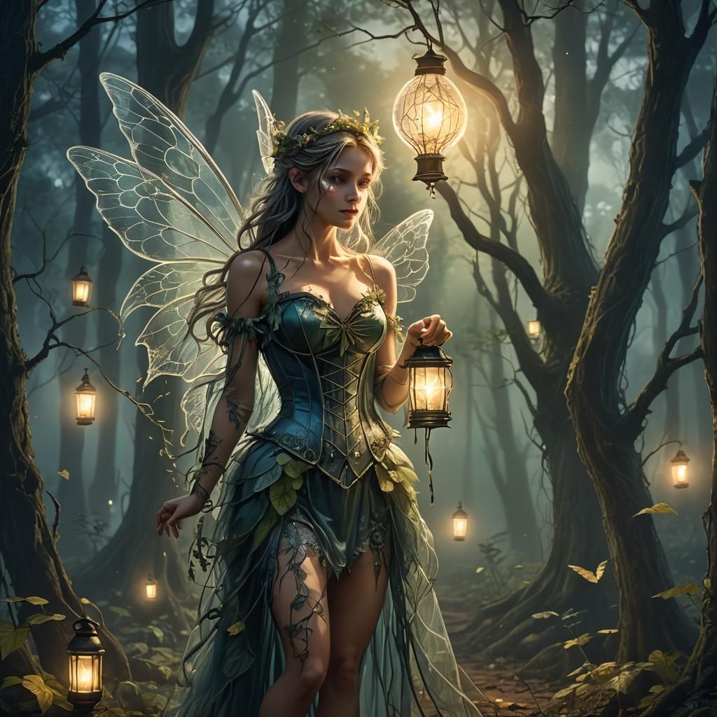 Fairy with Lantern in Misty Woods, Digital Art