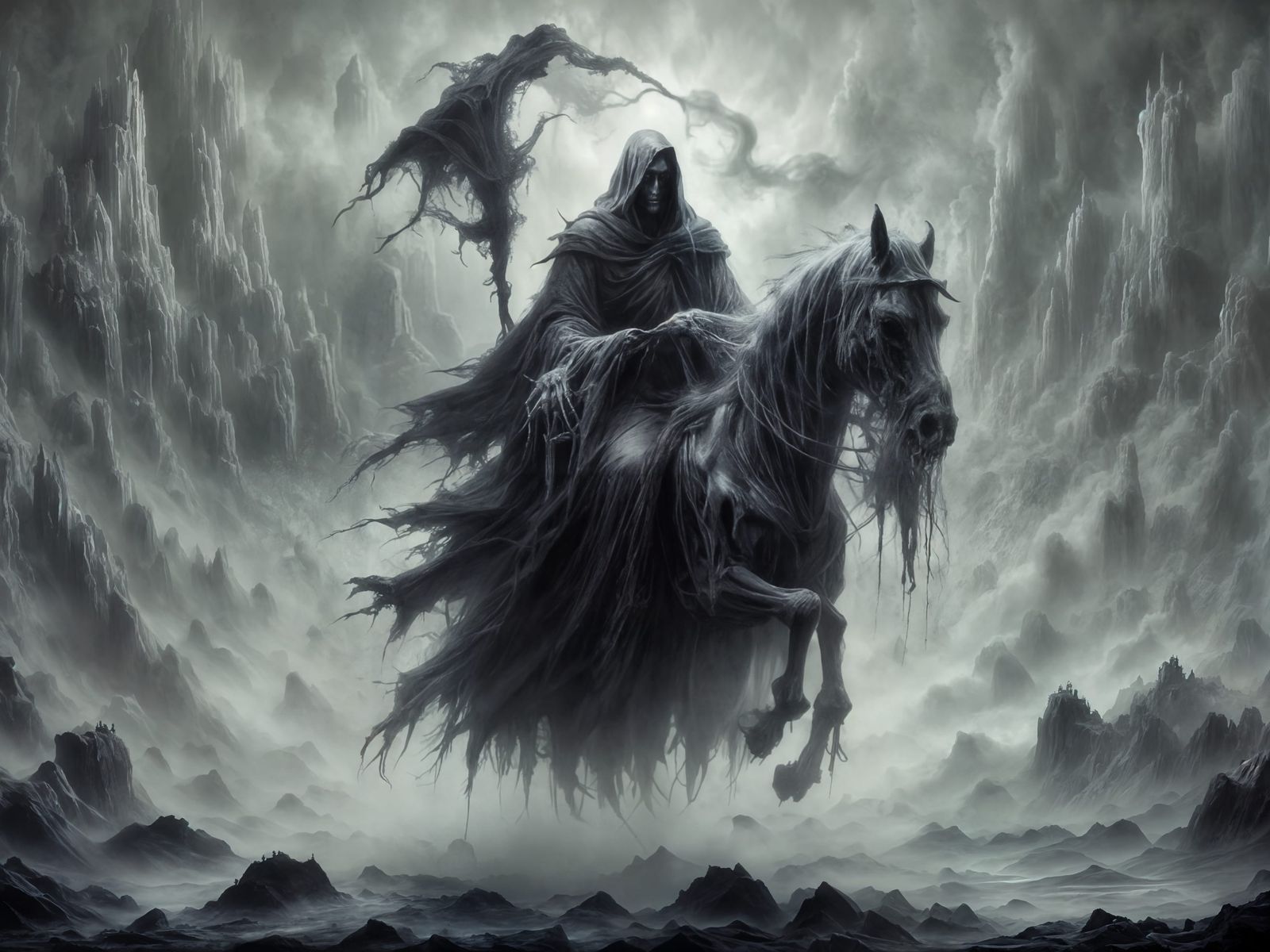 Spectral Ghost Reaper on Horseback in Gothic Style