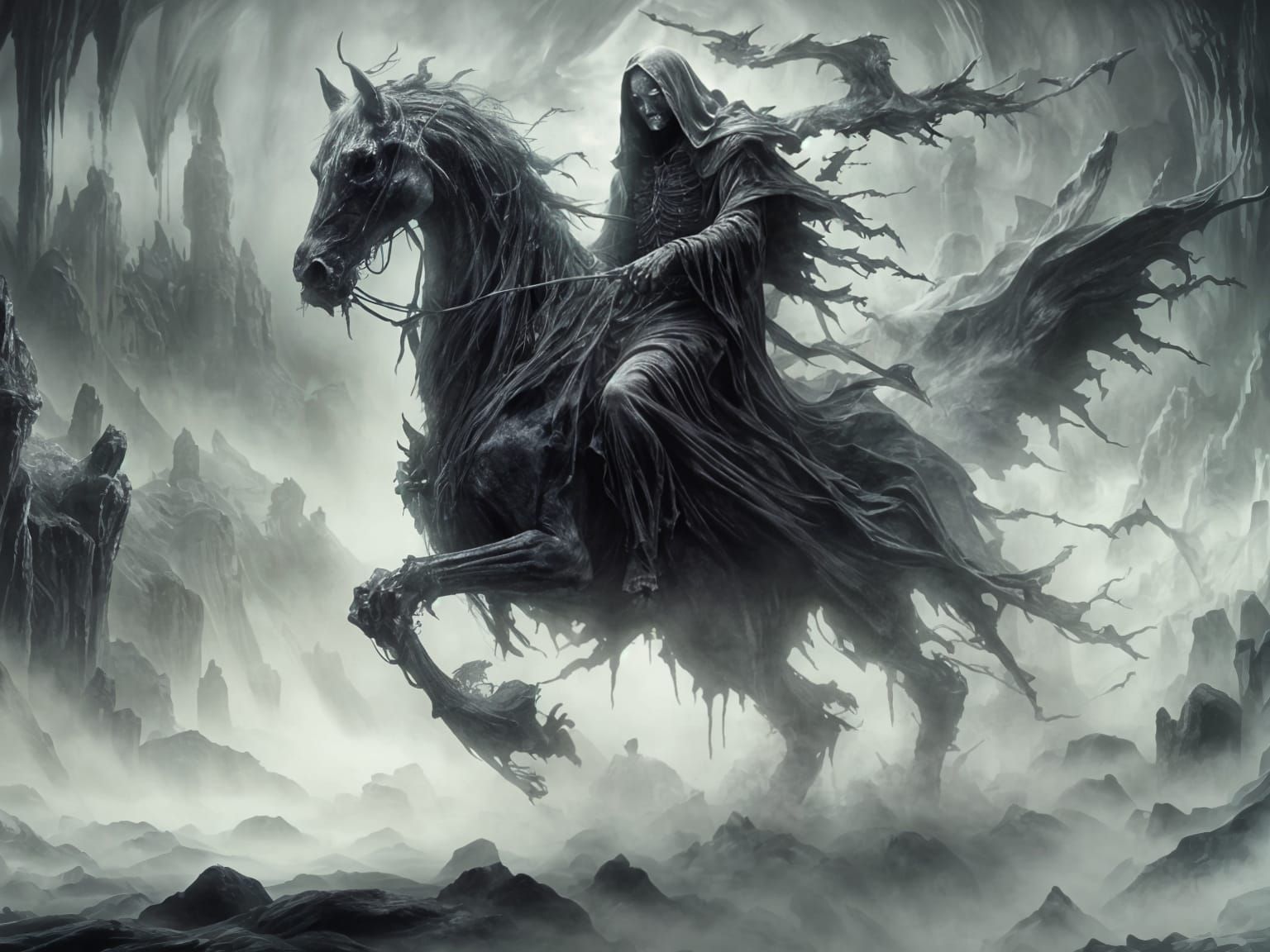 Spectral Ghost Reaper on Horse in Gothic Twilight