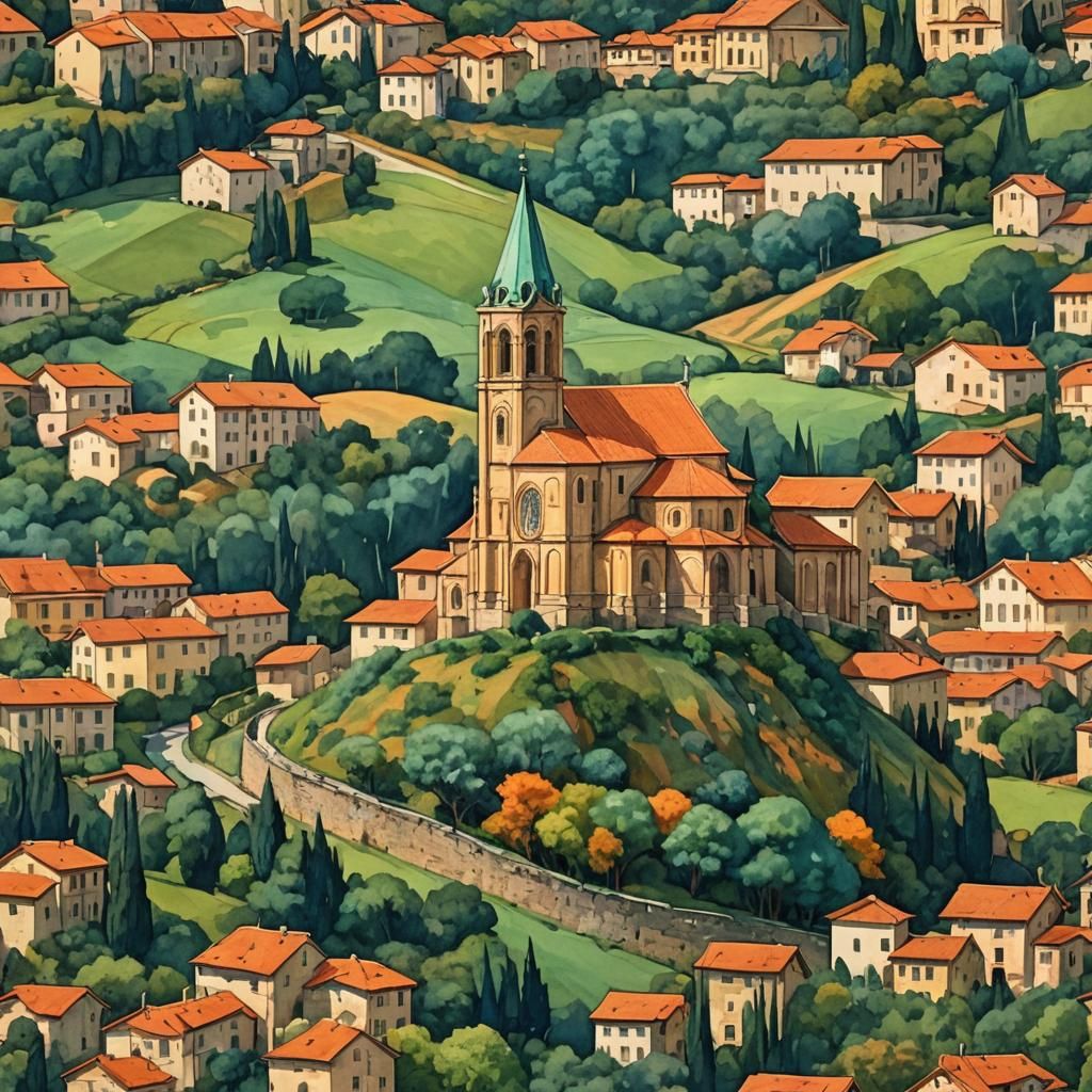 Ancient Romanesque Church on Green Hill, Watercolor Style