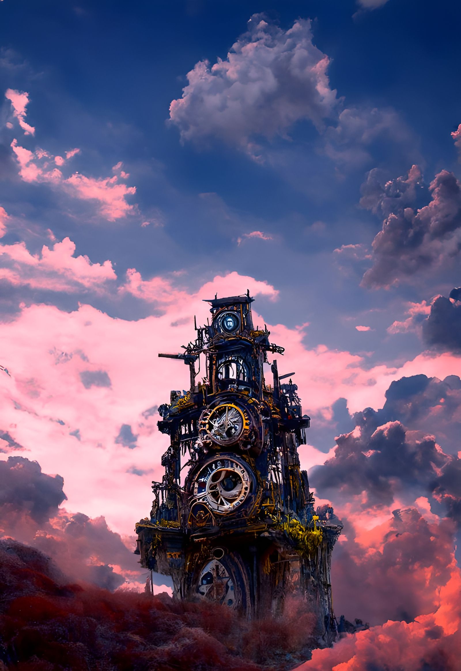 Anime Clocktower with Gears in Studio Ghibli Style