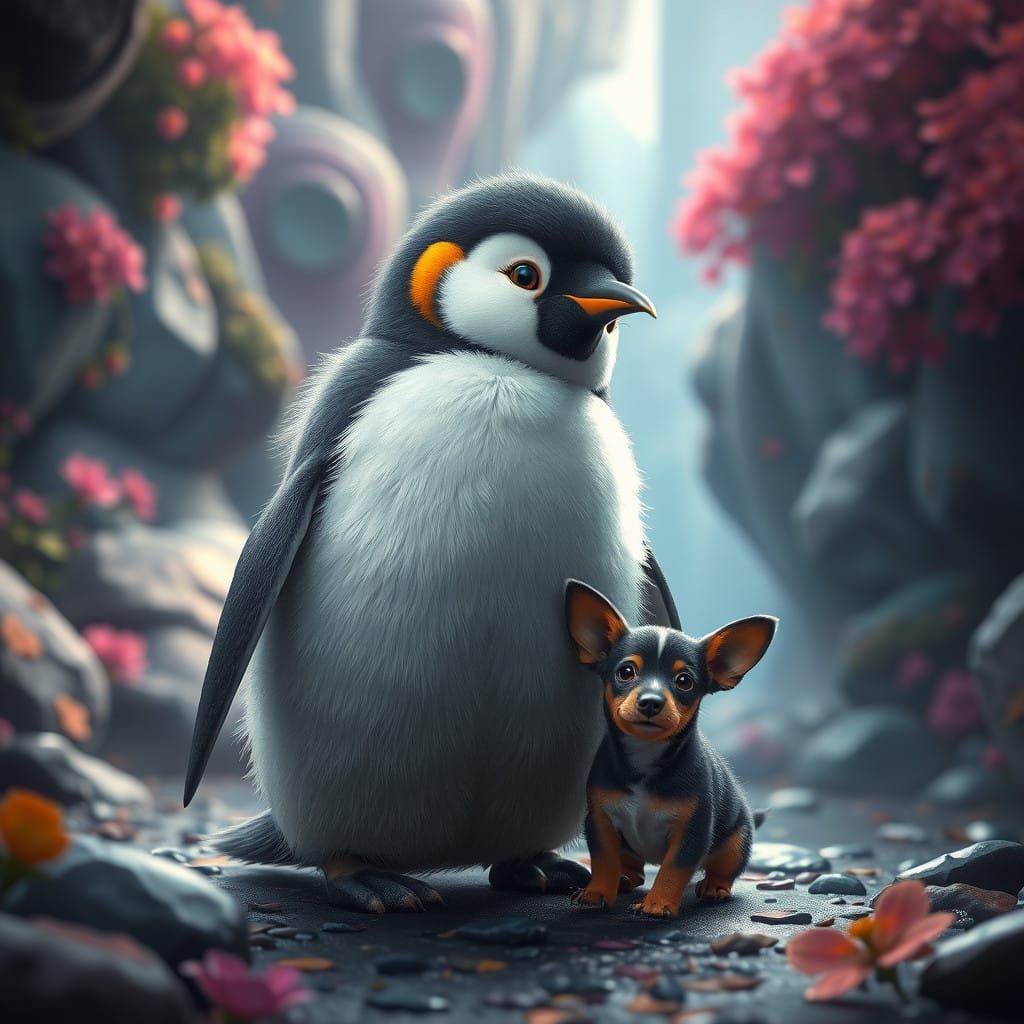 Whimsical Penguin Adventure in Vibrant Fantasy Landscape