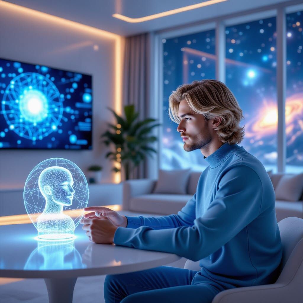 Man Gazing at Holographic AI in Cozy Room, Psychedelic Art