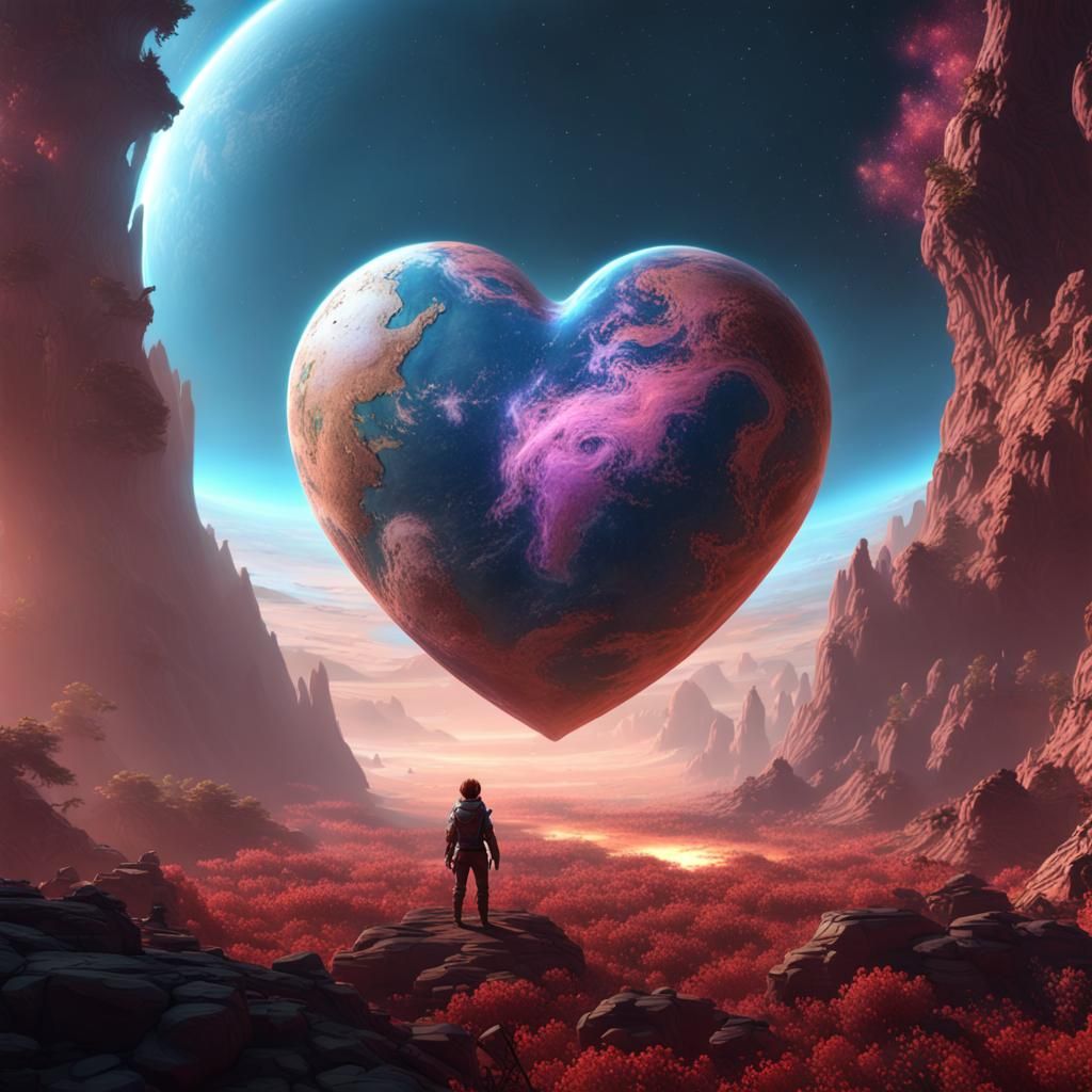 Heart Planet with Dragon in Nebula: 3D Render