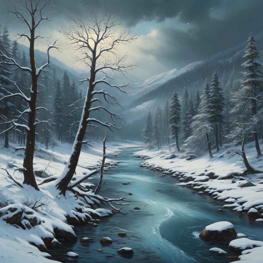 Winter Forest Landscape Painting in Bierstadt Style