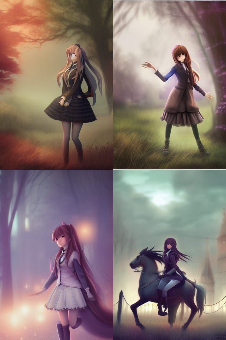 "DDLC Monika as The Headless Horseman ultra-realistic hyperdetailed meticulous photorealistic surrealism ethereal horror...