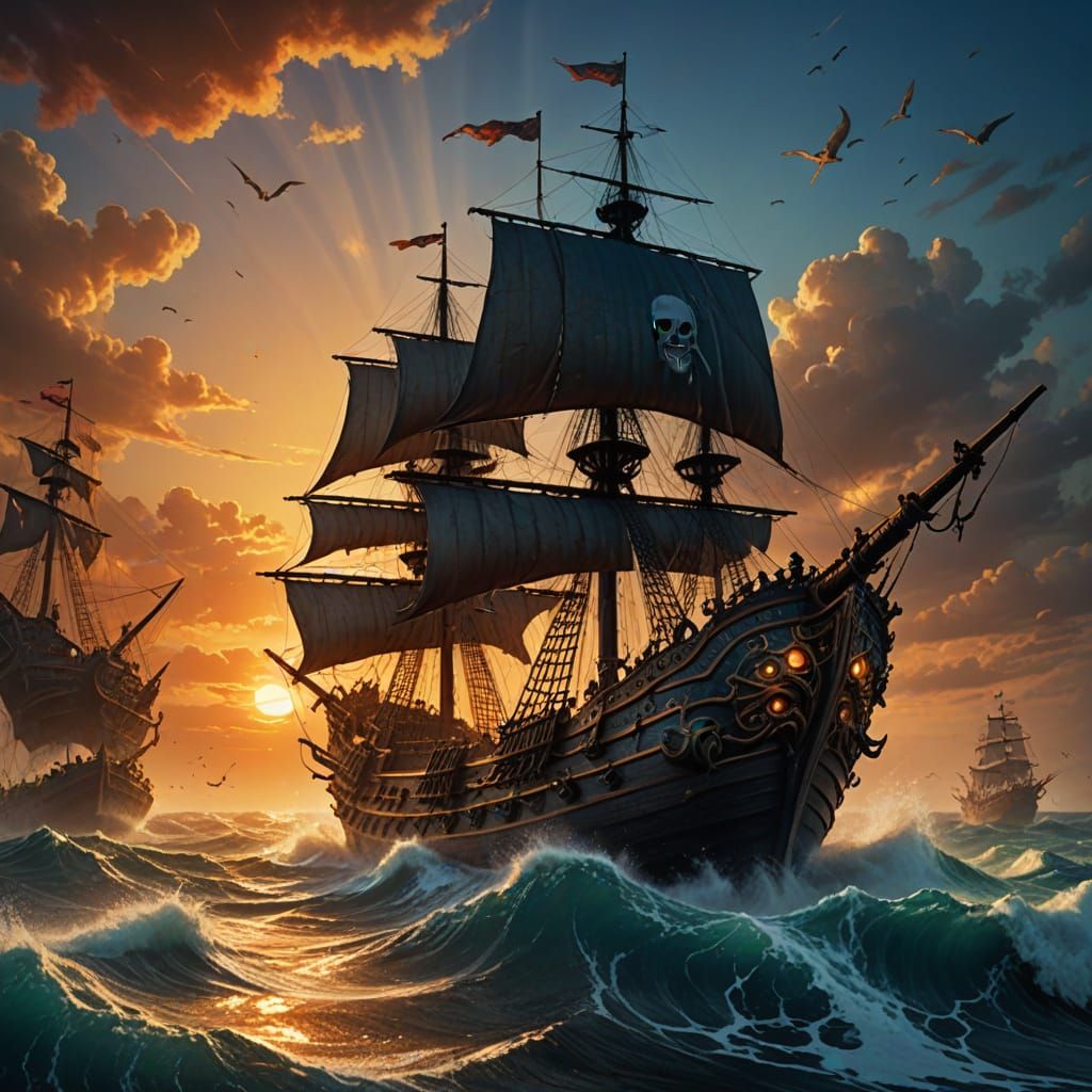 Barbarian Battles Sea Monster on Pirate Ship in Epic Fantasy...