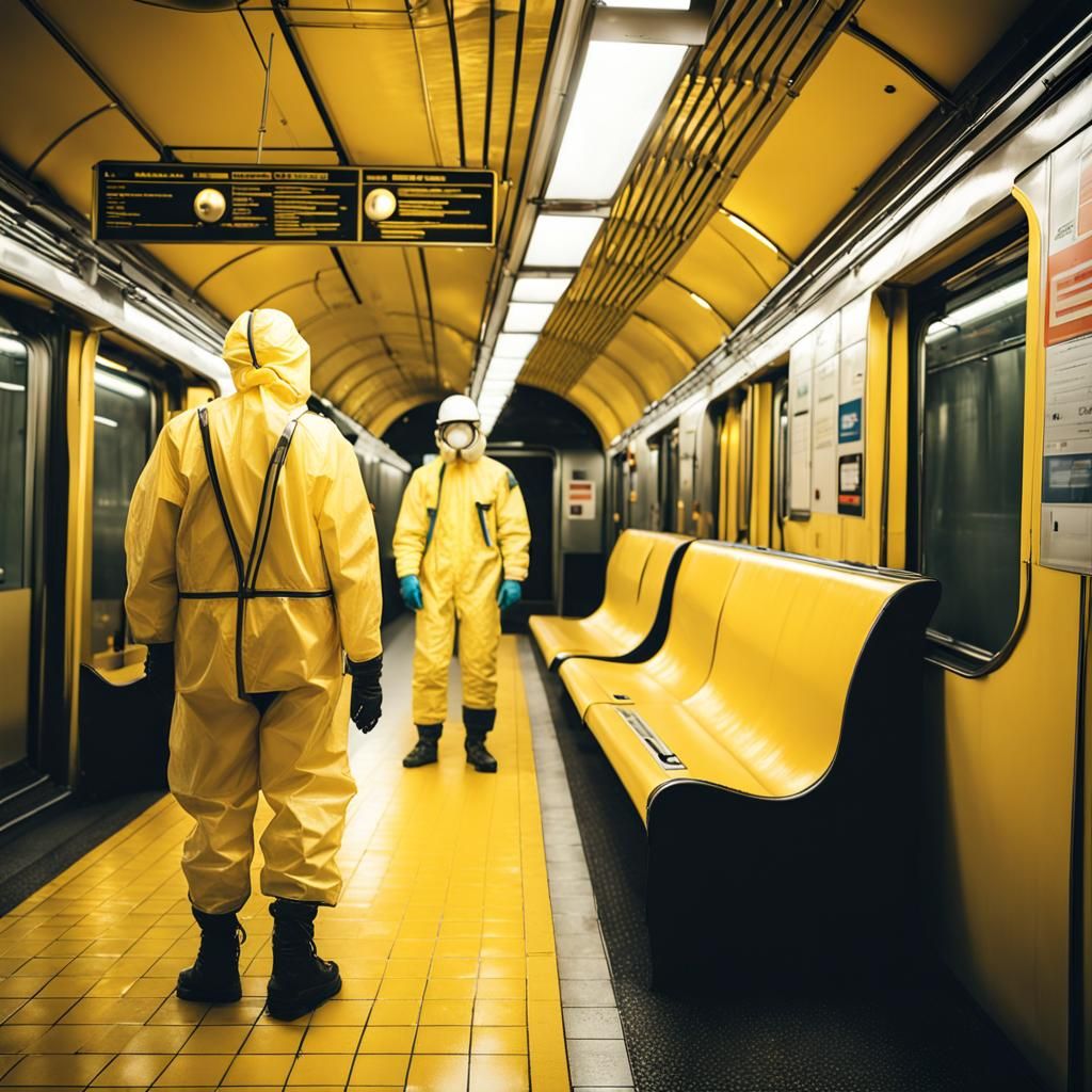 Subway Station Deep Underground with Protective Suits