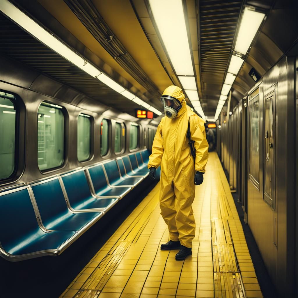 Subterranean Station with People in Protective Suits